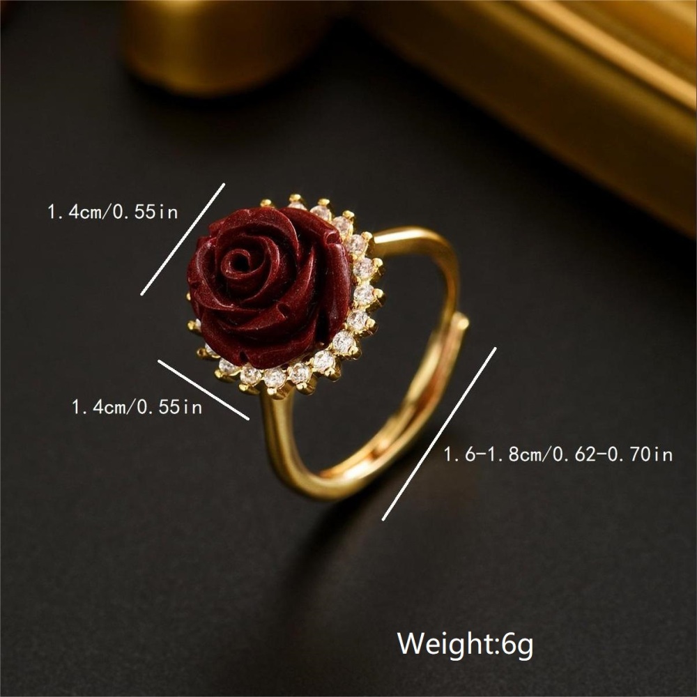 1 Piece Copper Inlaid Zircon And Cinnabar Material Rose Shape Vintage Simple High-end Sense Women's Ring Party Banquet Jewelry Accessories