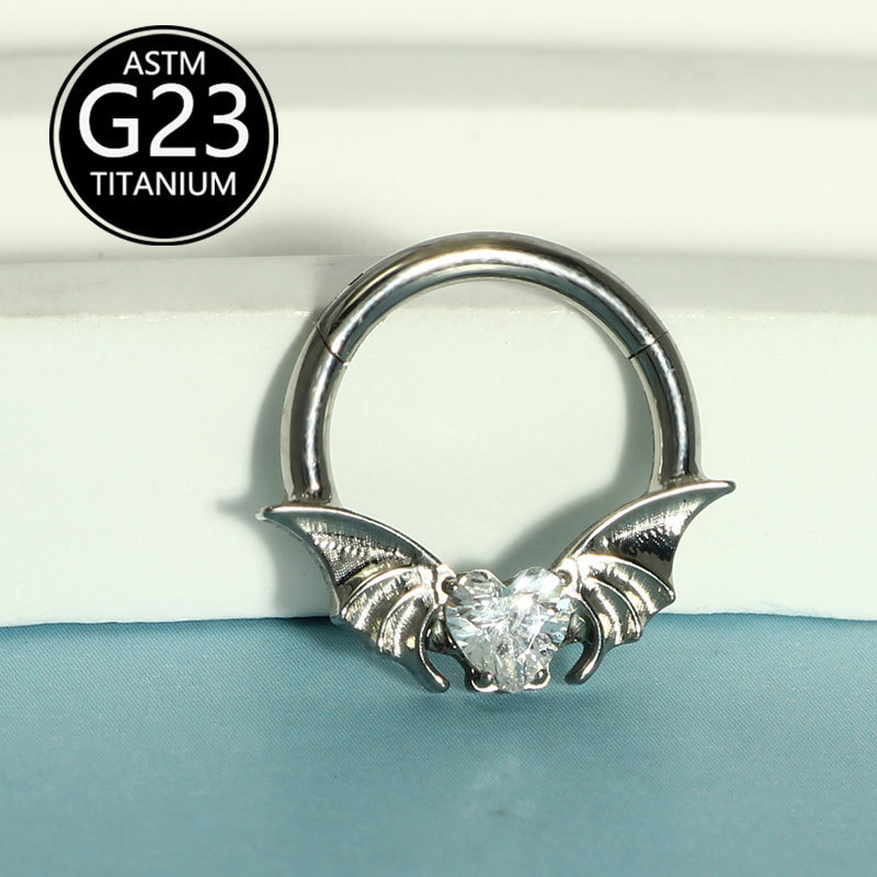 Fashion Bat Nose Ring G23 Titanium Metal Heart-Shaped Zircon Ear Bone Stud Jewelry Nose Clip Exquisite Wedding Birthday Festival Accessories
