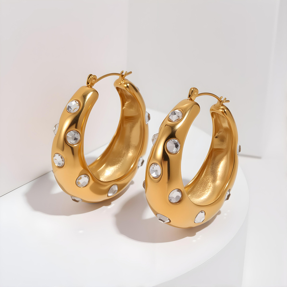 Fashionable Stainless Steel Diamond Embedded Earrings Irregular Heart Several Hoops Luxury 18K Gold Plated Women's Jewelry