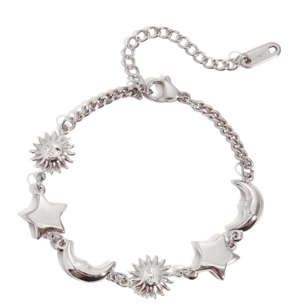 304 Stainless Steel Sun Star Moon PVD Coated Real Gold Plated Novelty Ethnic Style Waterproof Non Tarnish Surgical Steel Cuban Link Chain Curb Chain Safety Clasp Closure Bracelets