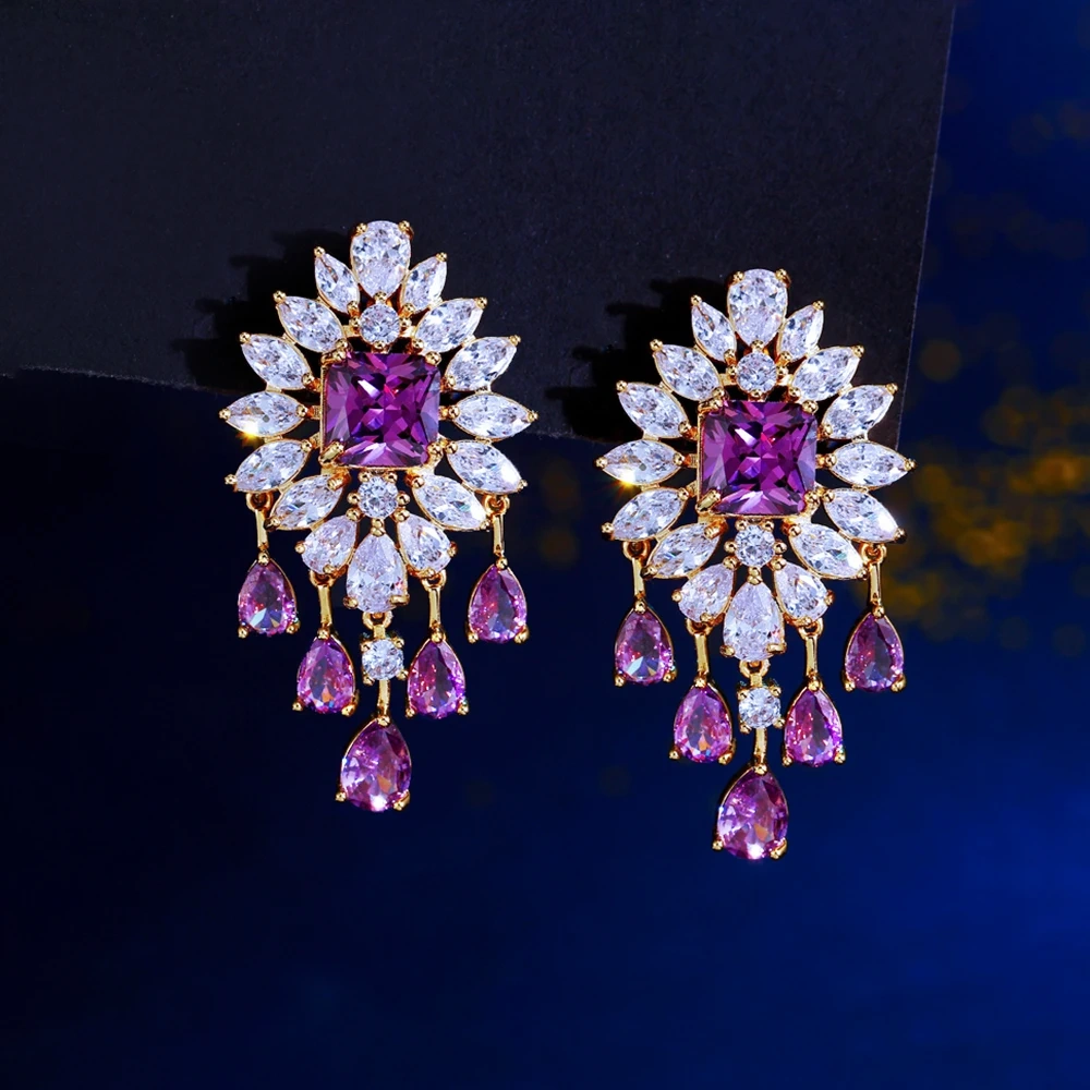 Quality Charming Purple CZ Crystal Big Flower Long Drop Tassel Earrings For Women Fashion Dancing Party Jewelry