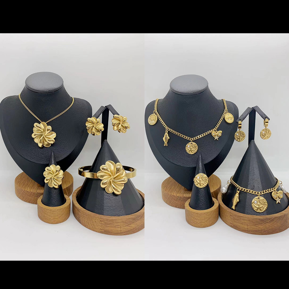 European And American Fashion Trend Ins Style Exaggerated 304 Stainless Steel Flower Ocean Style Fish Starfish Shell Necklace Earrings Ring Bracelet Set