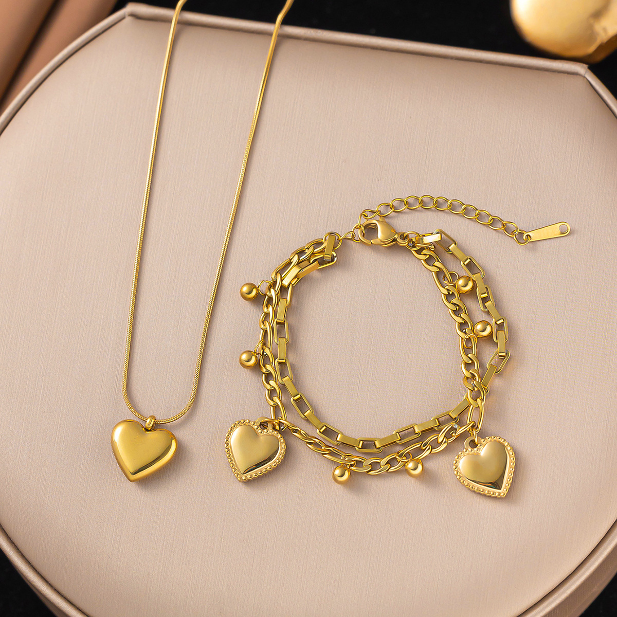 Gold Heart-shaped Necklace Bracelet Set Snake Bone Chain Design Fashion Stainless Steel Vintage Style Jewelry Accessories