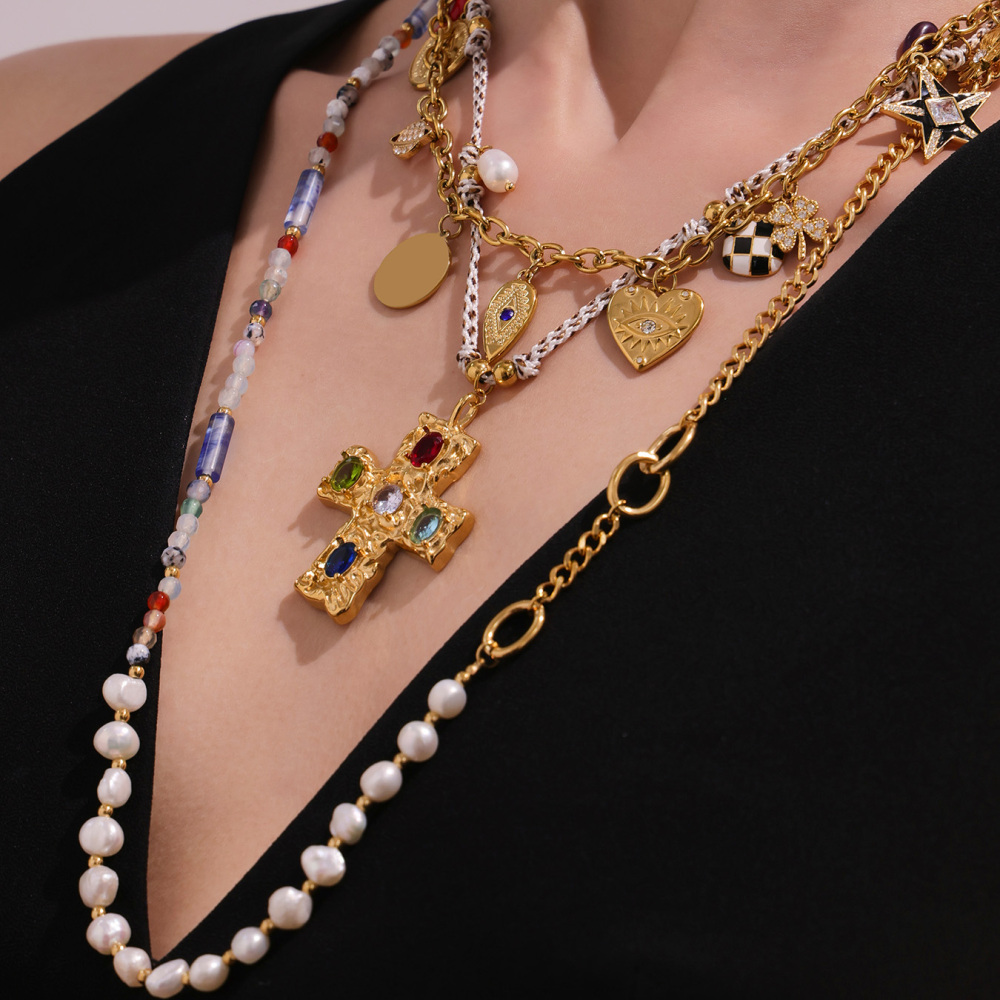 Stainless Steel Cross Pendant Necklace With Multiple Accessories Natural Stone Long Necklace Jewelry For Women Elegant And Glowing