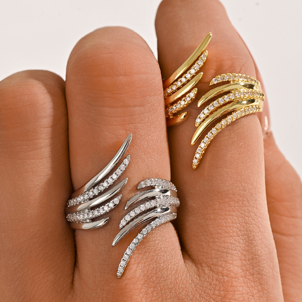 1 Piece Copper Inlaid Zircon Feather Design Luxurious Fashion Exaggerated Women's Ring Party Evening Accessories