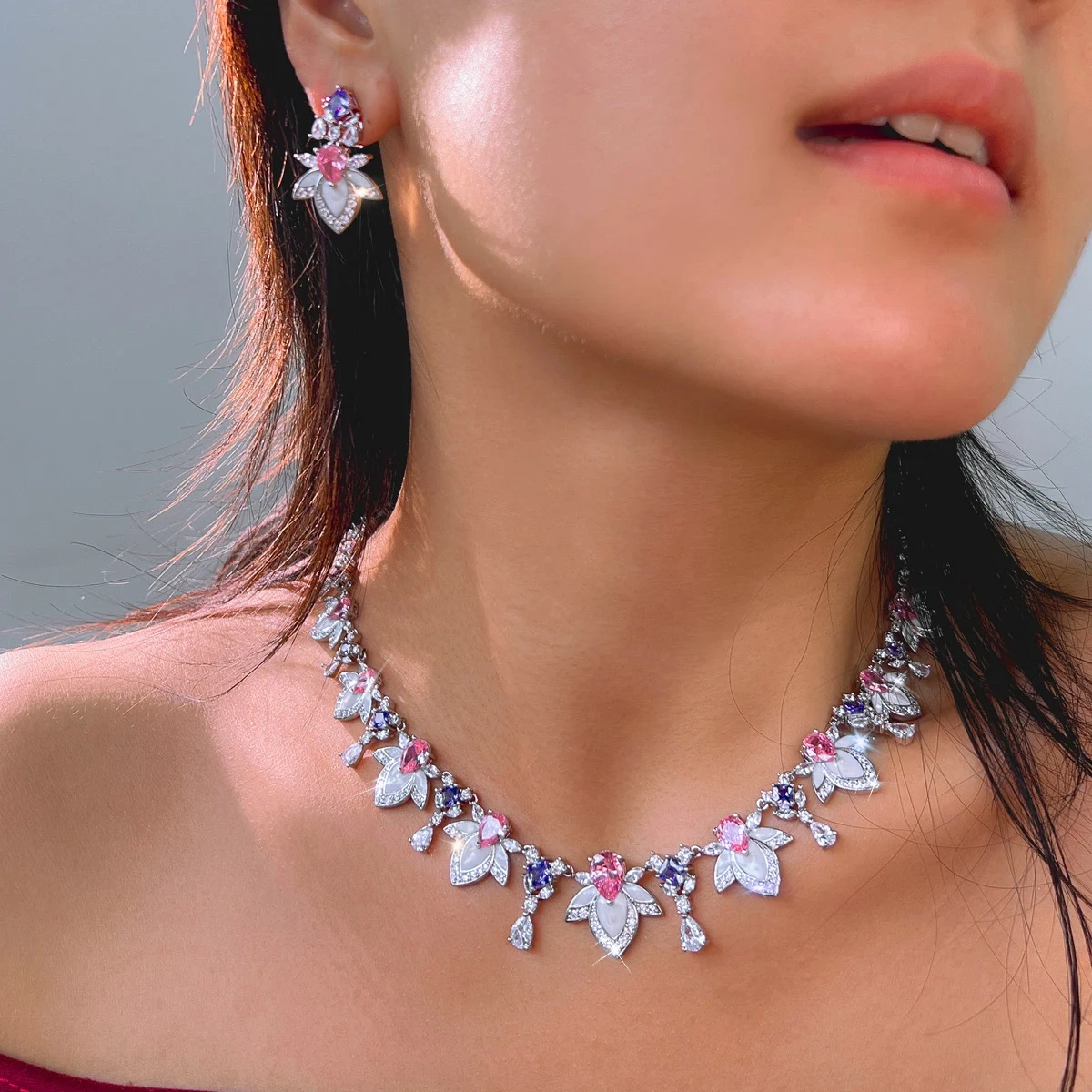 Copper Jewelry Two-Piece Set Luxurious Elegant Colorful Cubic Zirconia Enamel Floral Necklace Earring Set Suitable For Women's Weddings And Parties