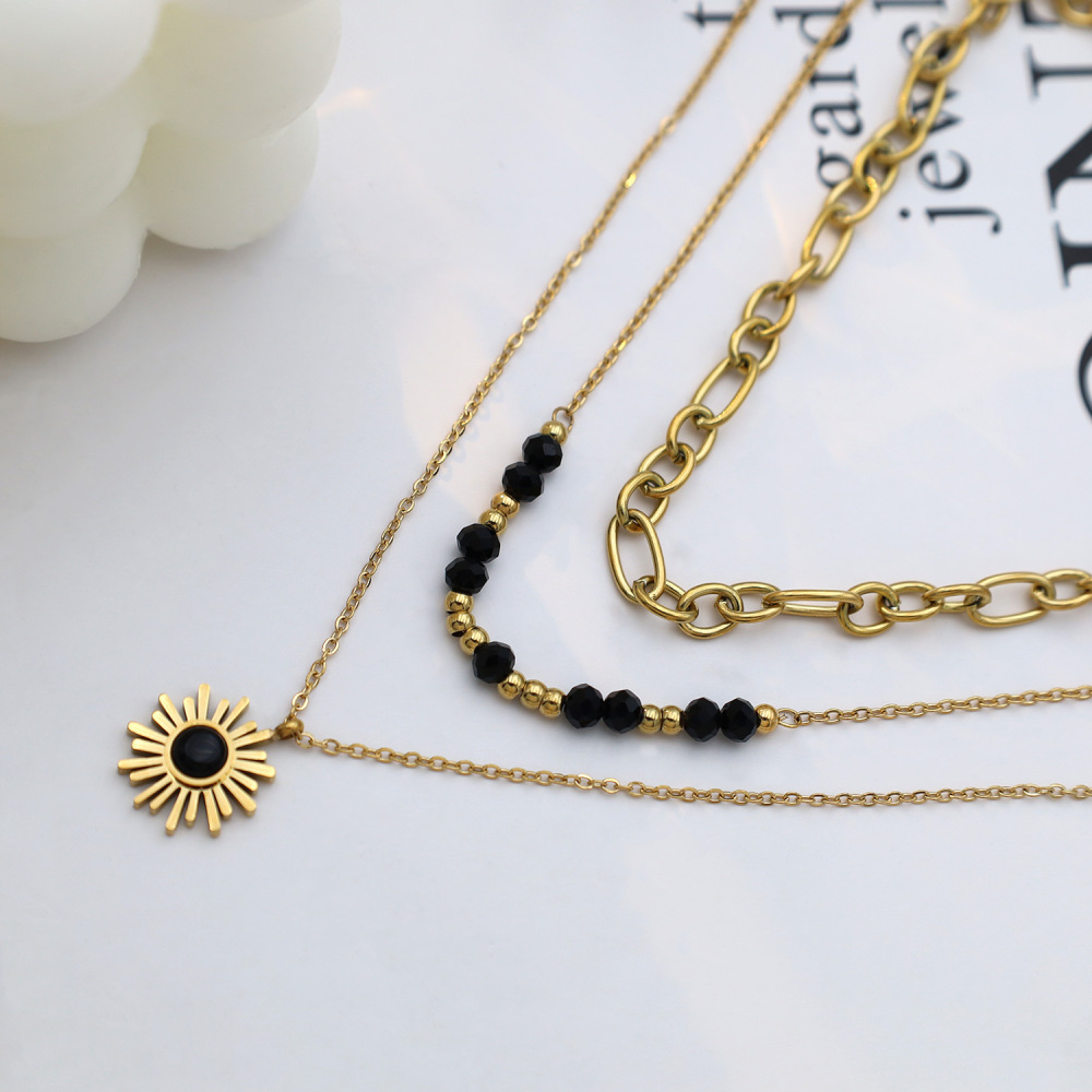304 Stainless Steel Titanium Gold Black Sunflower Pendant Necklace Three-Layer Bead Collarbone Chain Jewelry Women's Accessories