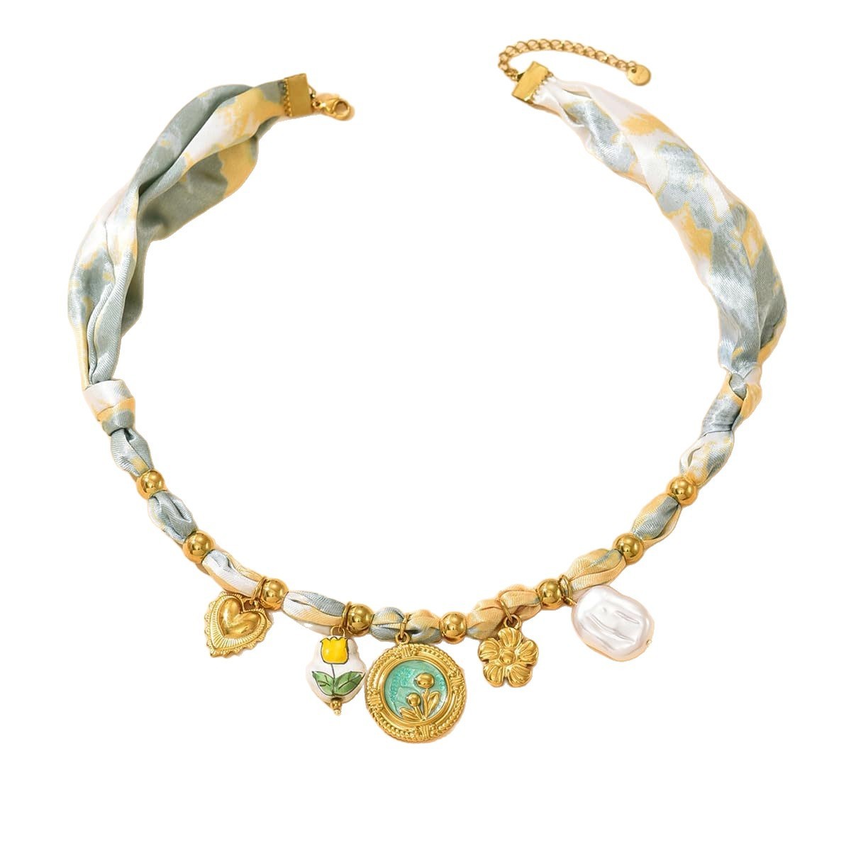 Bohemian Style Long Silk Scarf Necklace Luxury Heart Flower Pendant Artistic Personality Jewelry Gift For Women