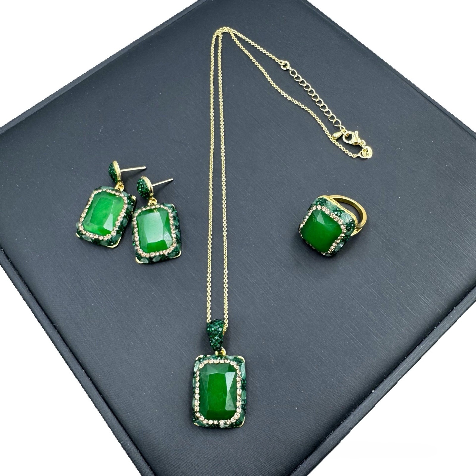 Ethnic Style Classic Style Square Copper Malay Jade Rings Earrings Necklace In Bulk