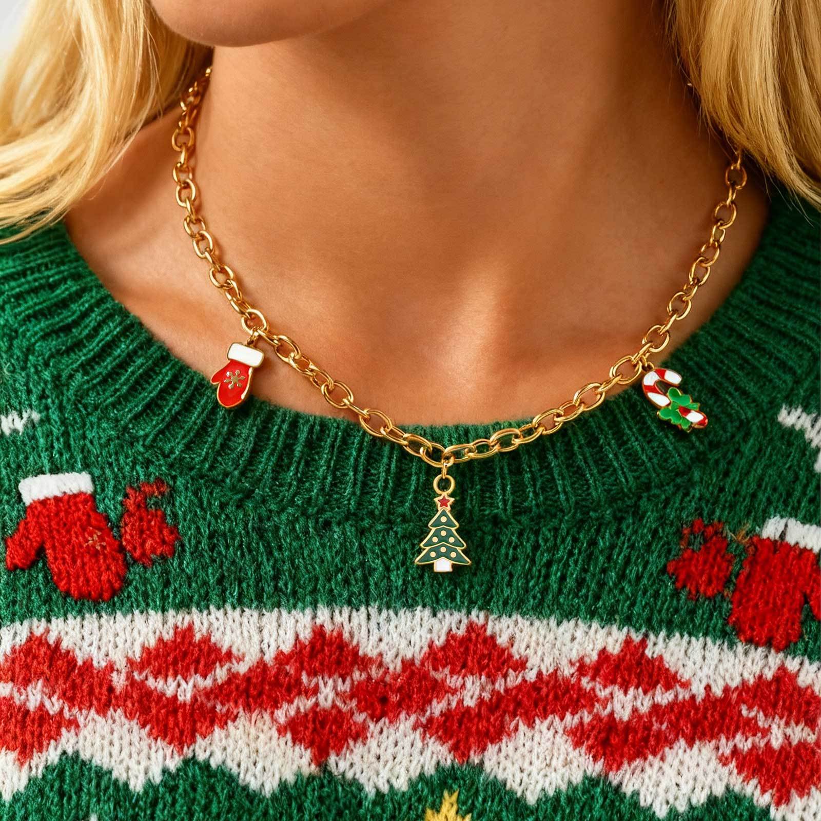 18K Gold Plated 201 Stainless Steel Round Cross Chain Santa Claus Christmas Tree Christmas Stocking Necklace Women's Jewelry Christmas Gift Lobster Clasp