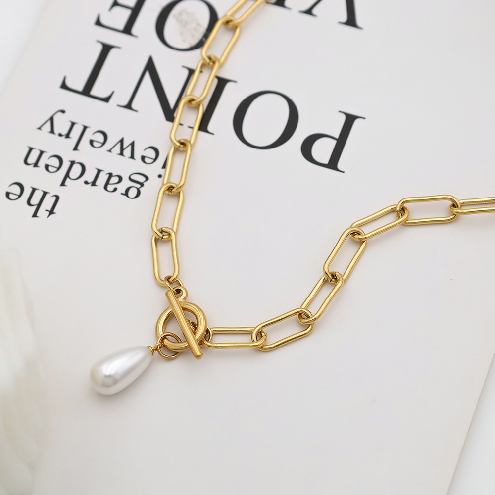 18K Gold OT Clasp Geometric Pearl Titanium Steel Women's Necklace With Round Plated Nylon Chain