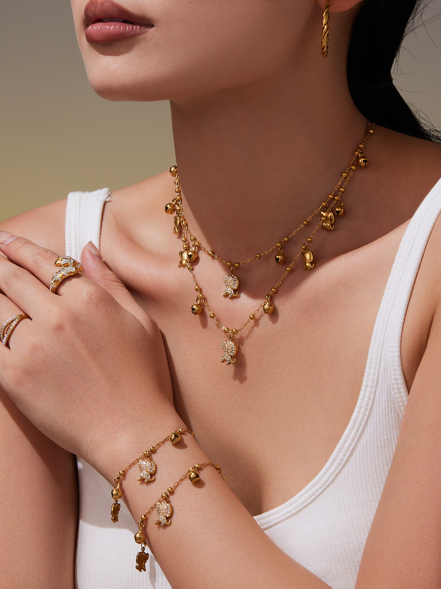 Stainless Steel 18K Gold Plated Zircon Dog Bell Shaped Bracelet Necklace Set Multi Accessories Jewelry For Women Simple Style
