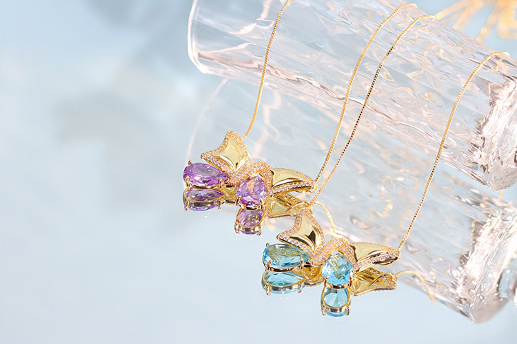 Butterfly Wing Half-and-Half Gold Plated Brass Purple Necklace Earring Set Elegant Dynamic Combination Fashion Jewelry