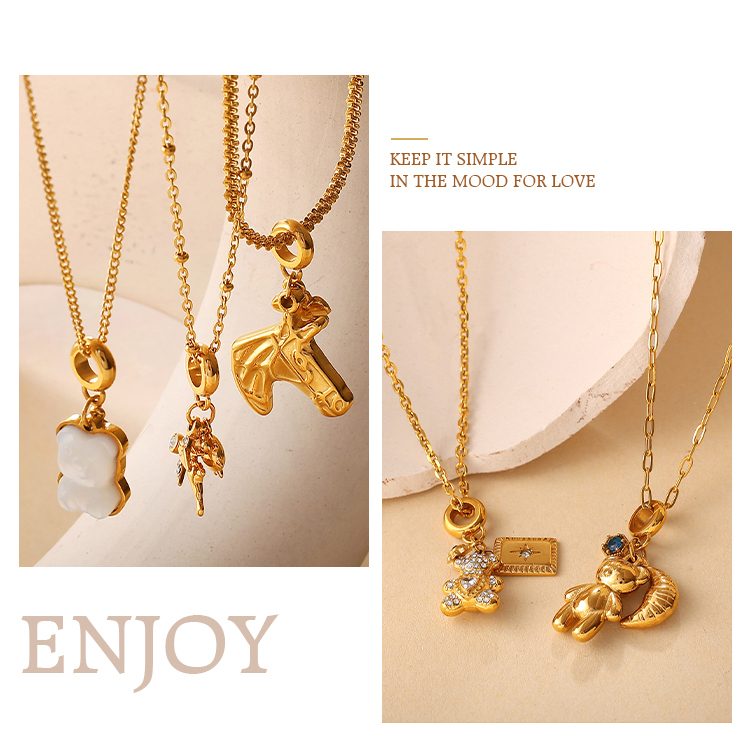 New Fashion Light Luxury Bear Pearl DIY Pendant Necklace Stainless Steel 18K Gold Plated Versatile Necklace