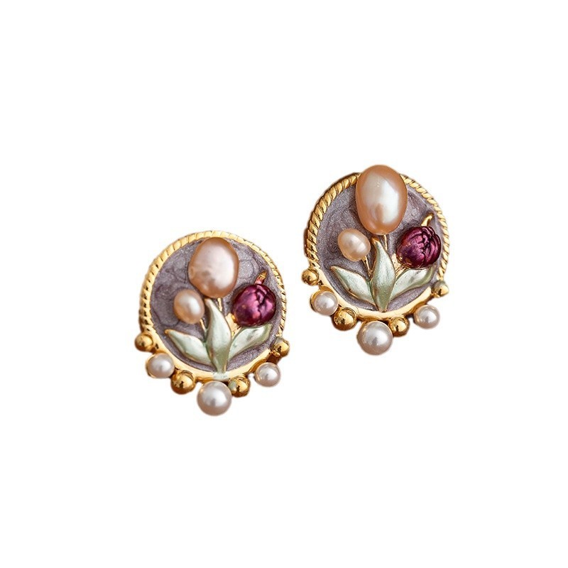 Natural Pearl Floral Earrings Women's French Vintage Monet Garden Ear Studs New Chinese Court Style Jewelry Accessories