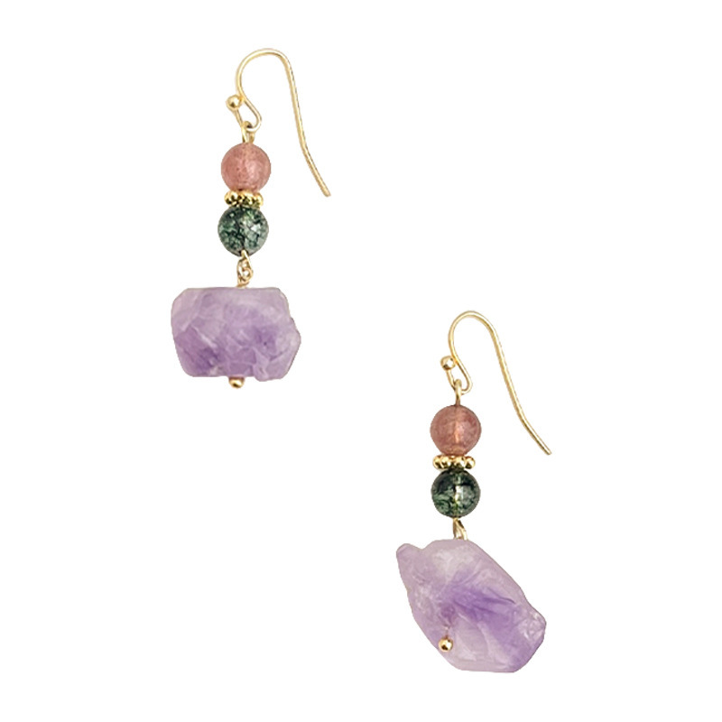 Natural Amethyst Earrings Handmade Original Design Chinese Style Irregular Geometric Pattern Women Jewelry Accessories Healing