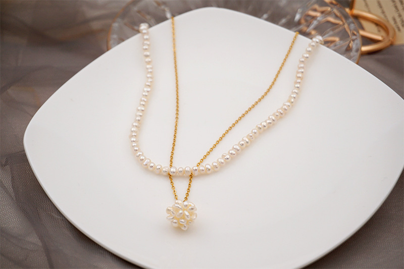 Two-layer Freshwater Pearl Necklace Simple Pearl Ball Collarbone Chain Vintage Accessories Geometric Wedding Jewelry Suitable For Women