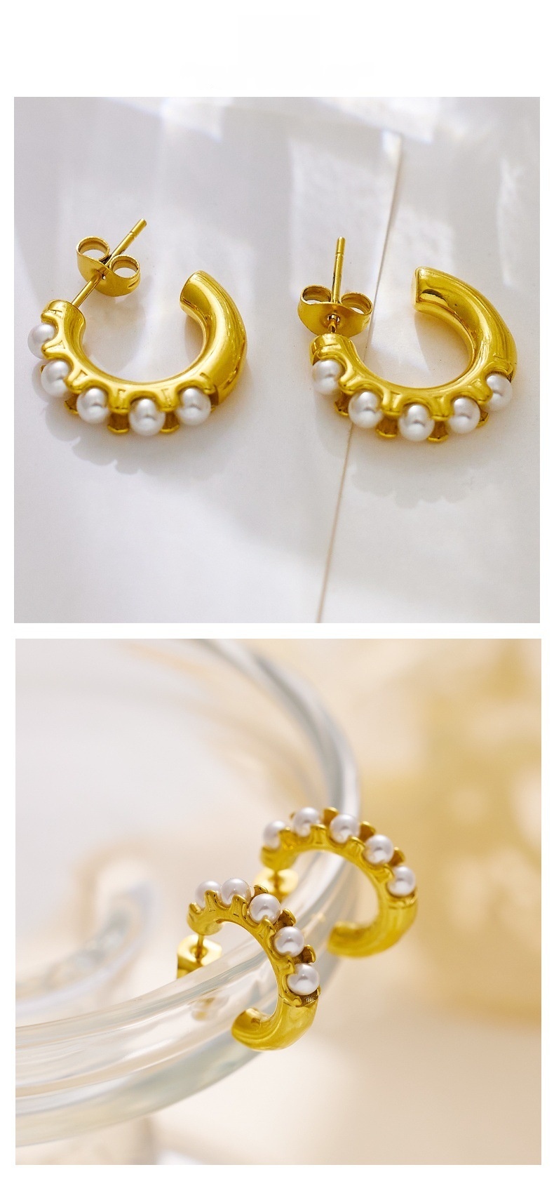 Elegant 18K Gold Plated Titanium Steel C-Shaped Pearl Earrings Vintage French Style Women's Jewelry Accessories U-Shaped Geometric