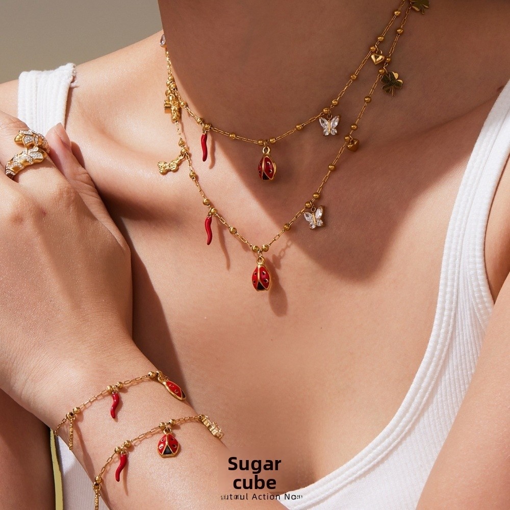 Elegant Enamel Insect DIY Necklace Bracelet Set Stainless Steel Fashion Simple Style Titanium Steel Chain Suitable For Women