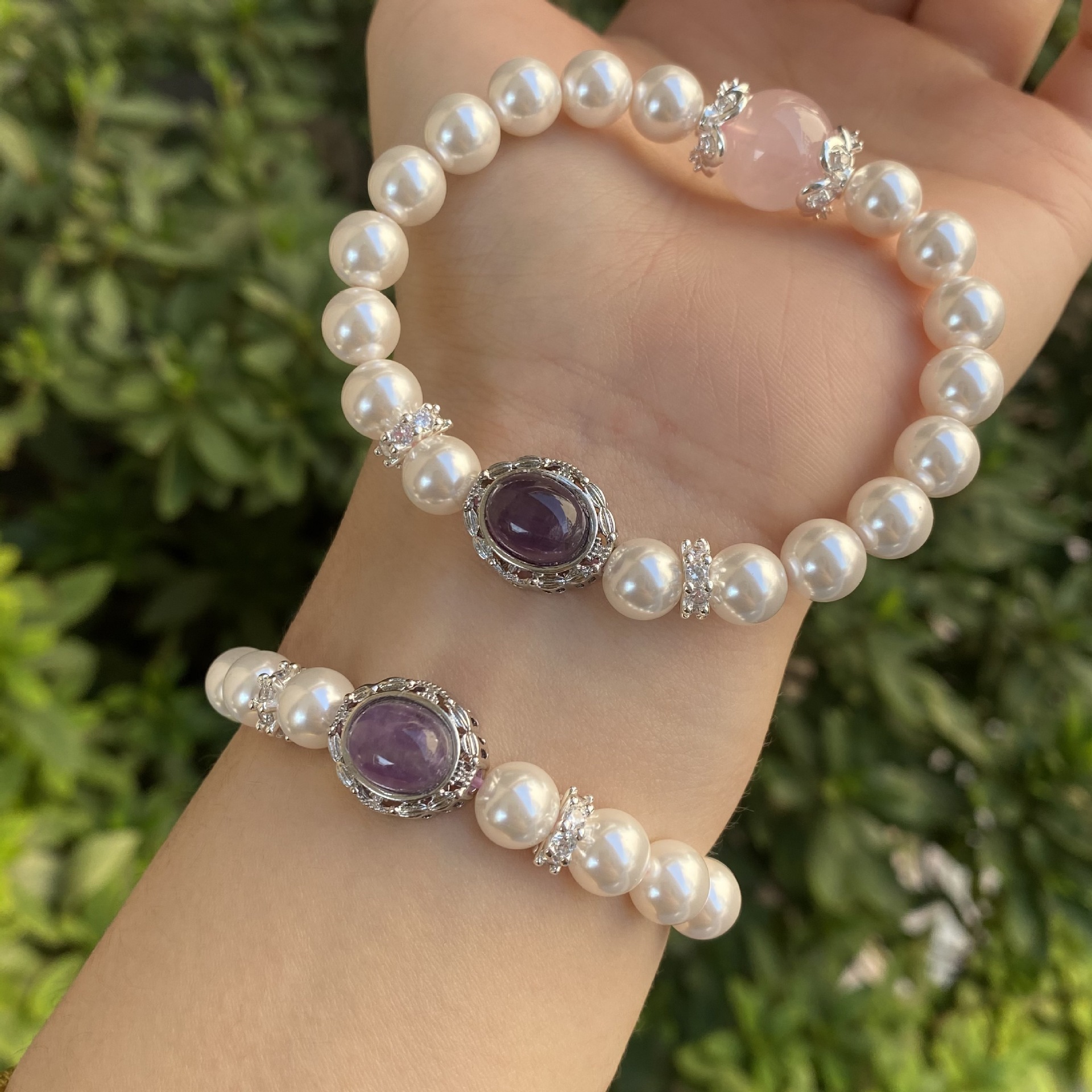Original Design Natural Pink Quartz Fashion Pearl Handmade Beaded Bracelet Luxury Geometric Pattern Wedding Birthday Party Jewelry
