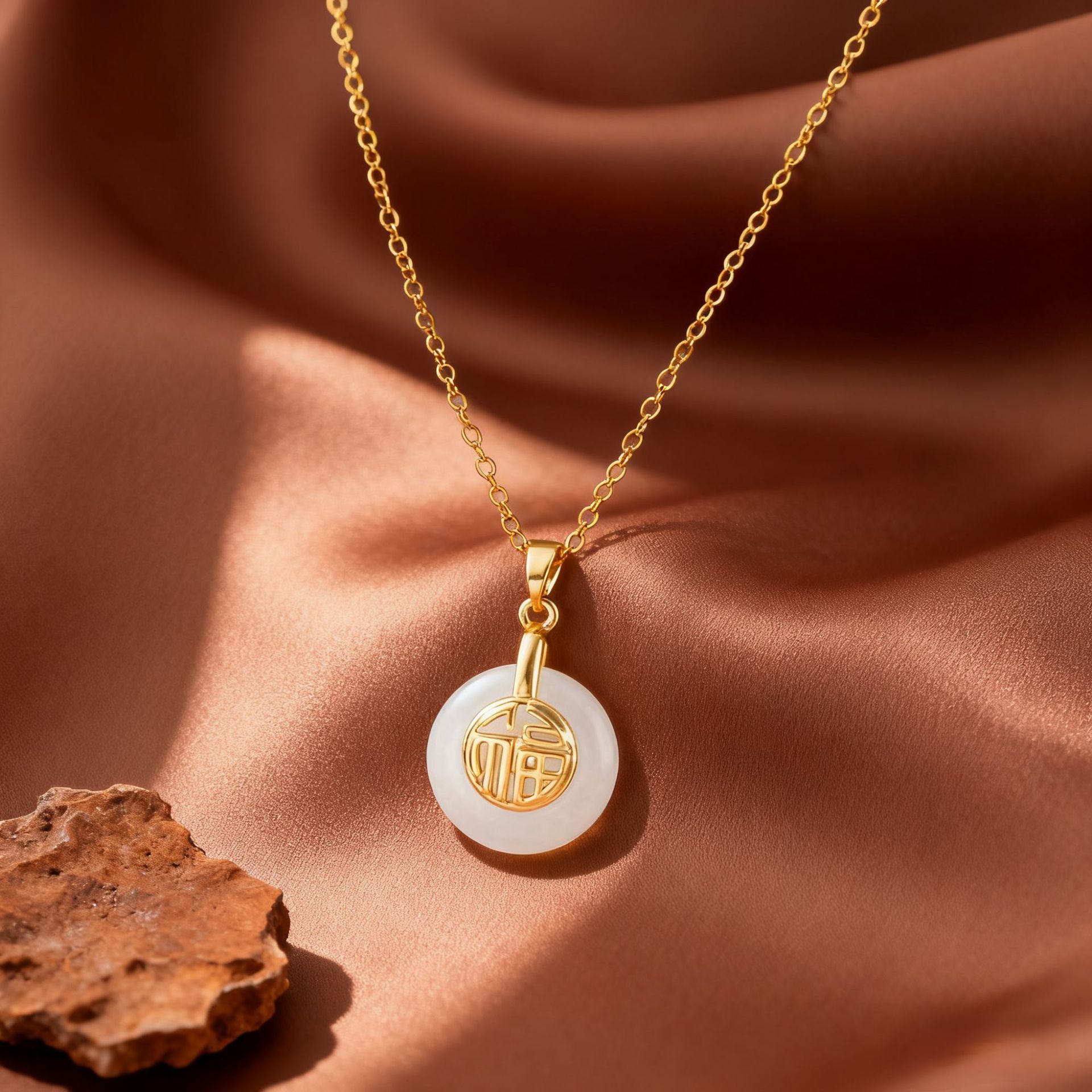 Design Women's Necklace Fu Zun Peace Buckle Imitation Agate Micro Inlay Pendant Clavicle Chain Geometric Copper Material