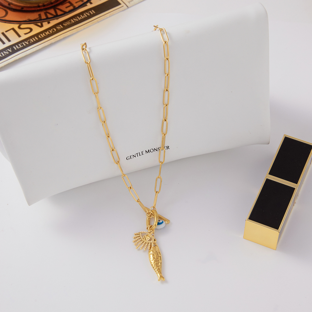 Women's Classic Style 18K Gold Stainless Steel + Resin + Rhinestone Devil's Eye With White Rhinestone + Fish With White Diamond + Resin Devil's Eye Pendant OT Clasp Necklace 45CM