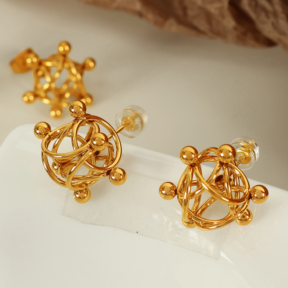 European And American New Style Molecular Structure Earrings Hollow Round Ball Ring Welded Titanium Steel Earrings Niche Design Women's Jewelry 304 Stainless Steel