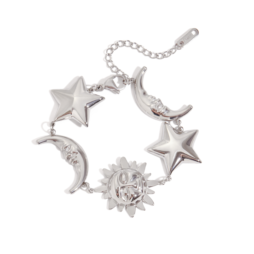 304 Stainless Steel Sun Star Moon PVD Coated Real Gold Plated Novelty Ethnic Style Waterproof Non Tarnish Surgical Steel Cuban Link Chain Curb Chain Safety Clasp Closure Bracelets