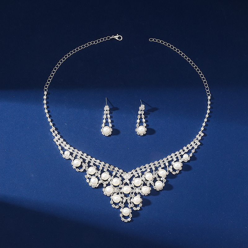 Pearl Rhinestone Necklace Earrings Set Ball Shape Dress Chain Polyester Material Printed Pendant Women Jewelry Accessories