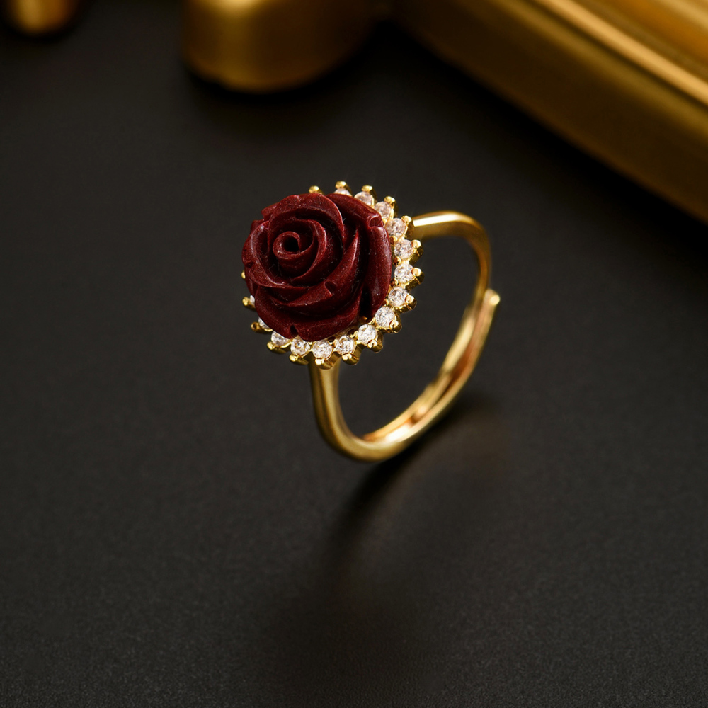 1 Piece Copper Inlaid Zircon And Cinnabar Material Rose Shape Vintage Simple High-end Sense Women's Ring Party Banquet Jewelry Accessories