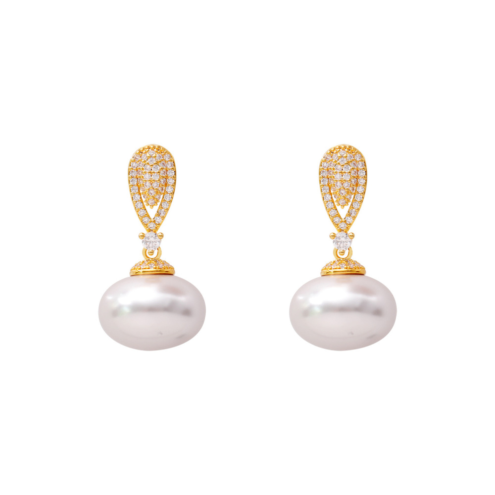 French Luxurious Sparkling Diamond Embedded Pearl Earrings Fashionable High-End Elegant Trendy Jewelry Accessories For Women