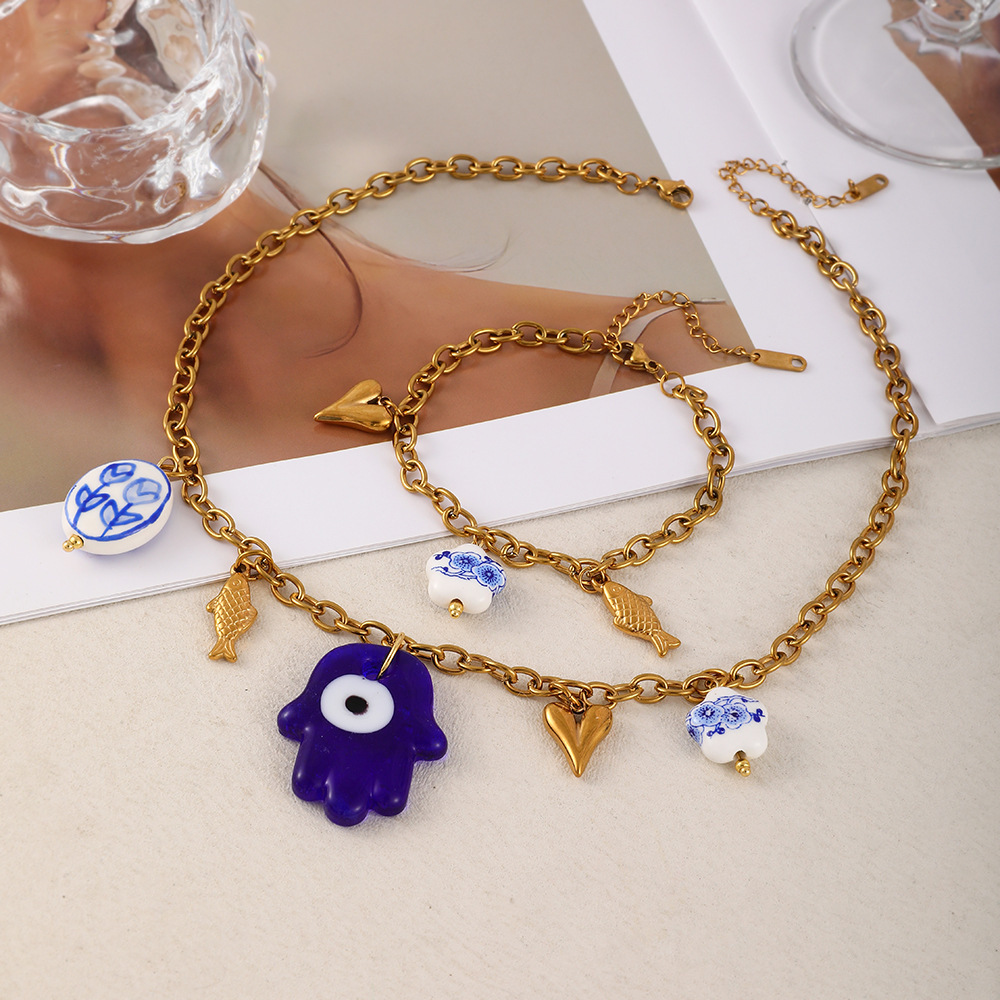 Women's Titanium Steel Vacuum Plating (In Furnace) Palm Eye Heart Flower Necklace Lemon Pendant Jewelry Accessories Light Luxury Fashion