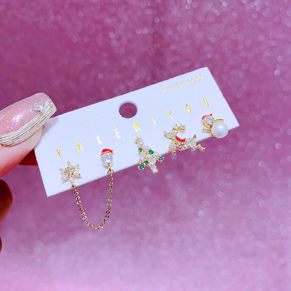 Elegant Christmas Deer Asymmetric Earrings Set 925 Silver Needle Cartoon Studs Women's Jewelry Accessories Christmas Theme