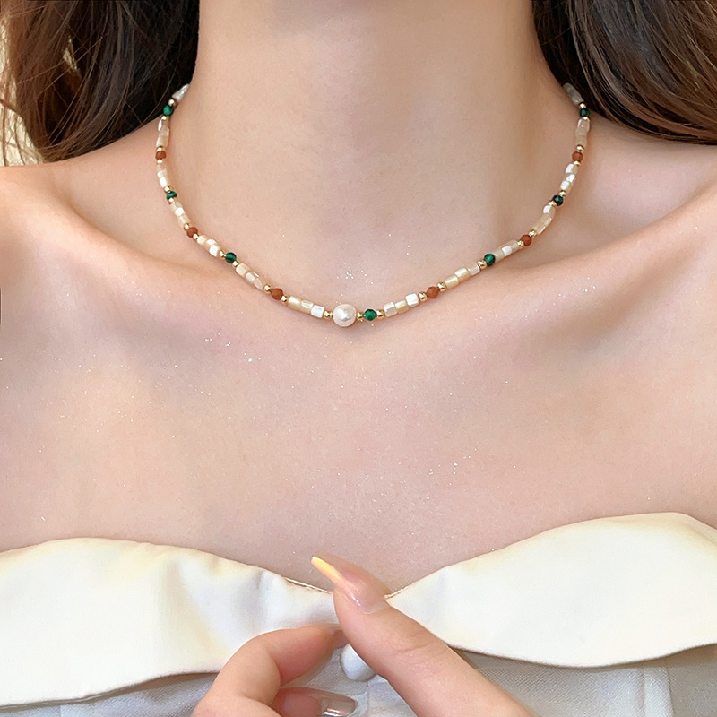 Titanium Steel Natural Stone Shell Freshwater Pearl Necklace Women Elegant Luxury Fashion Pendant Clavicle Chain Geometric Pattern