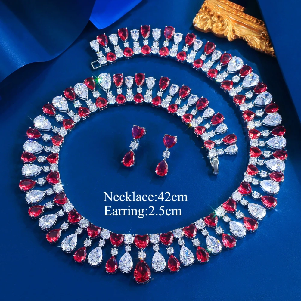 Water Plated White Gold Inlaid Red Cubic Zirconia Water Drop Shape Copper Material Women's Jewelry Set With Safety Clasp Tennis Chain (Full Diamond Chain)