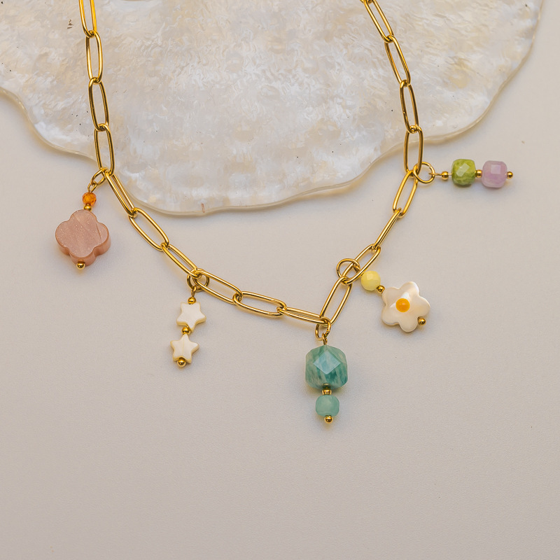 New Colorful Natural Stone Pendant Necklace Simple Fresh Female Style Stainless Steel Original Design Jewelry Accessories