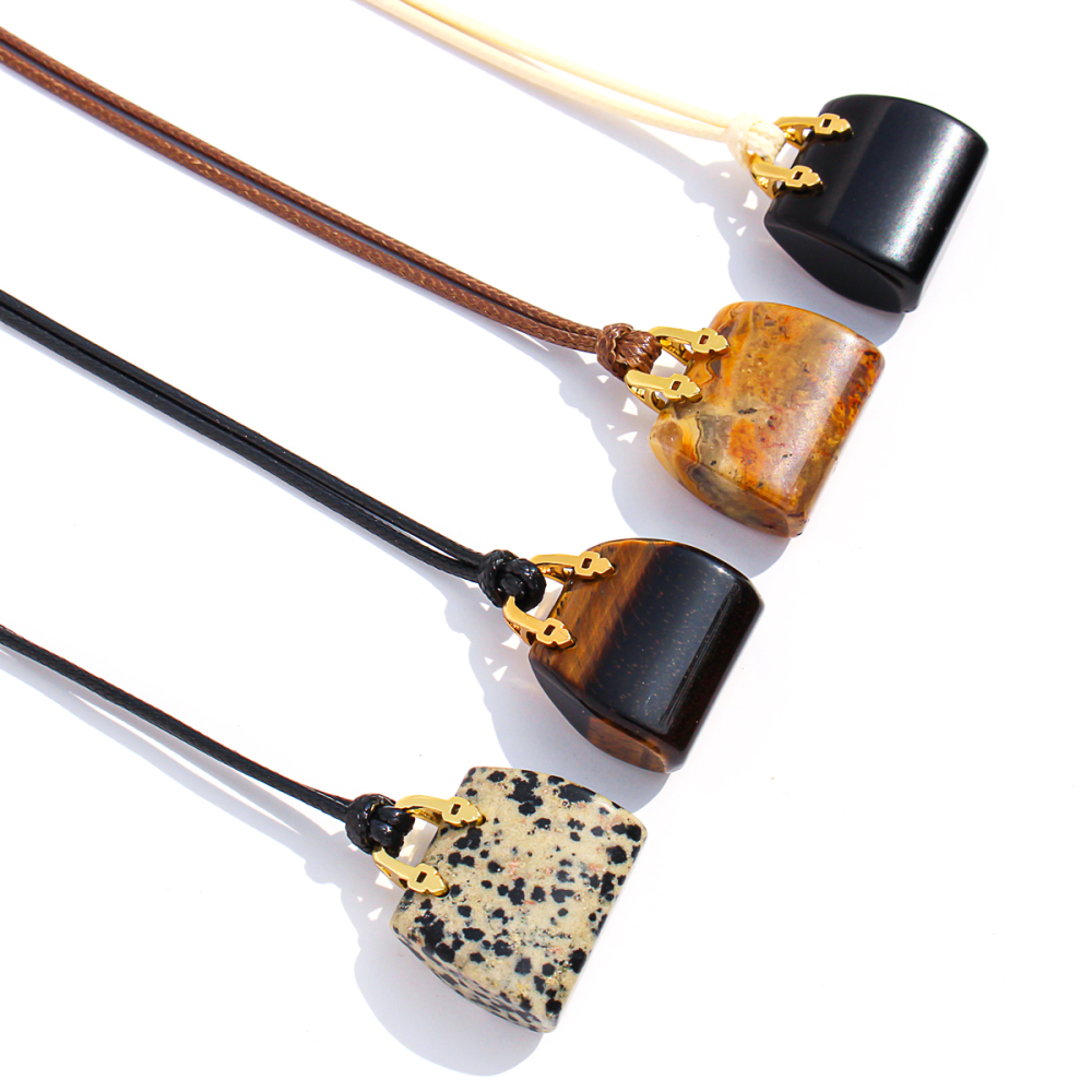 Natural Spotted Tiger Eye Stone Pendant Leather Rope Casual Long Necklace Adjustable Self-tying Sweater Chain Fashionable Ladies Holiday Style Accessories