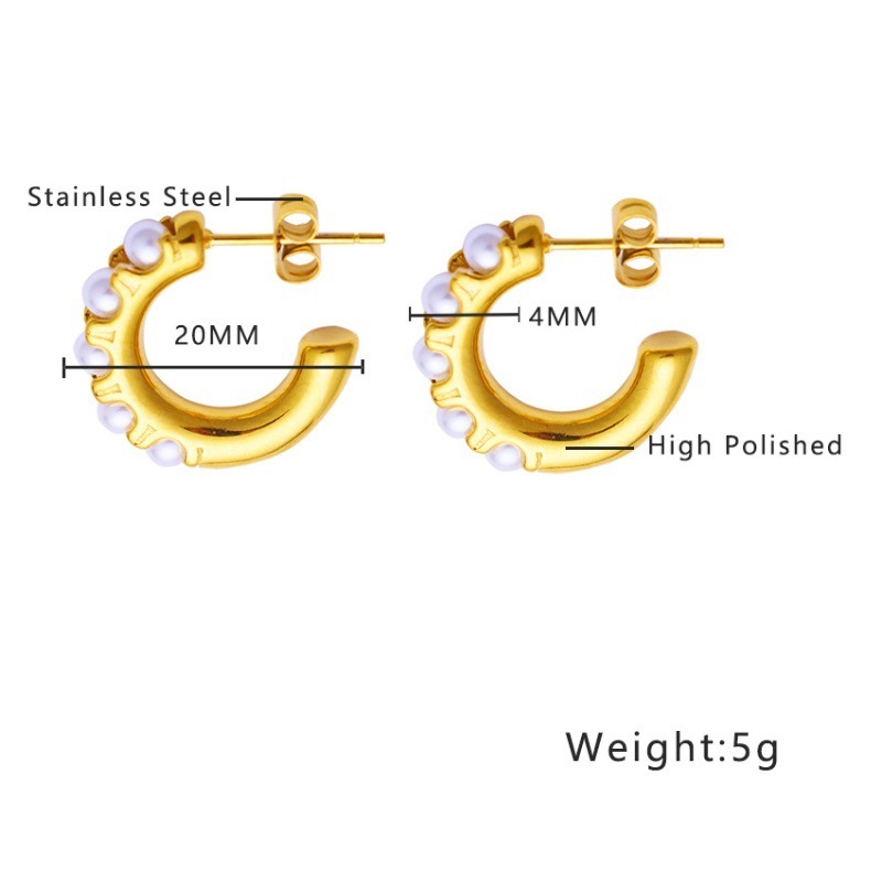 Elegant 18K Gold Plated Titanium Steel C-Shaped Pearl Earrings Vintage French Style Women's Jewelry Accessories U-Shaped Geometric