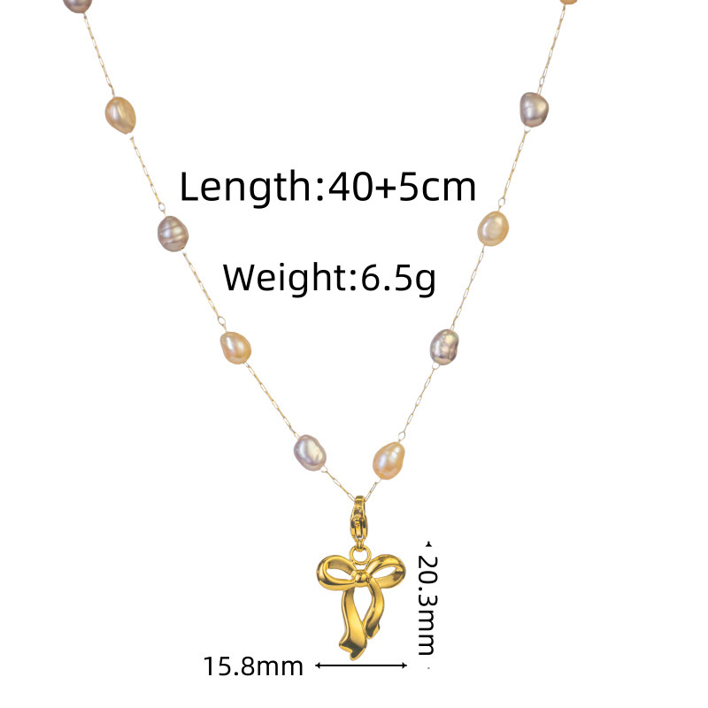 Graceful Natural Pearl Pendant Necklace Princess Bowknot Stackable Multifunctional Titanium Steel 304 Stainless Steel Necklace For Women