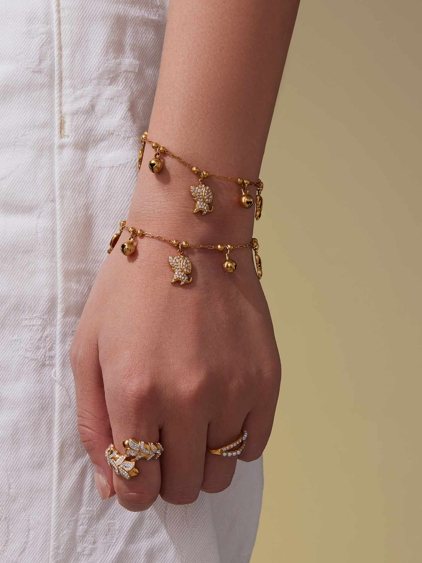 Stainless Steel 18K Gold Plated Zircon Dog Bell Shaped Bracelet Necklace Set Multi Accessories Jewelry For Women Simple Style