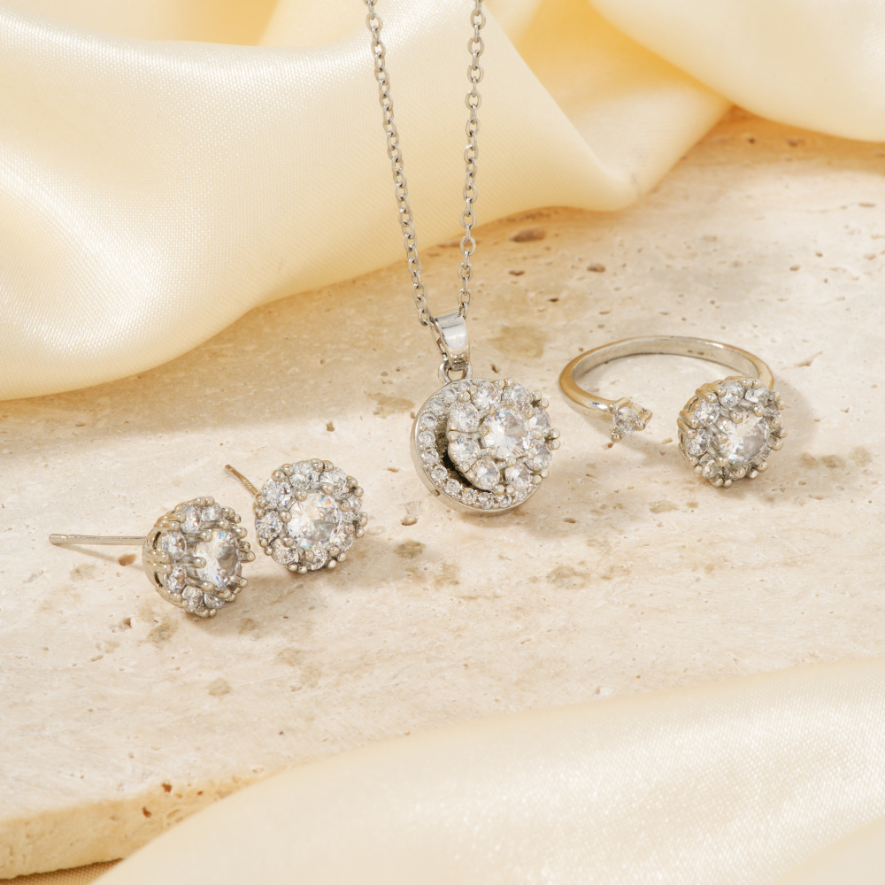 Copper Rhodium Plated Inlay Geometric Zircon Jewelry Set