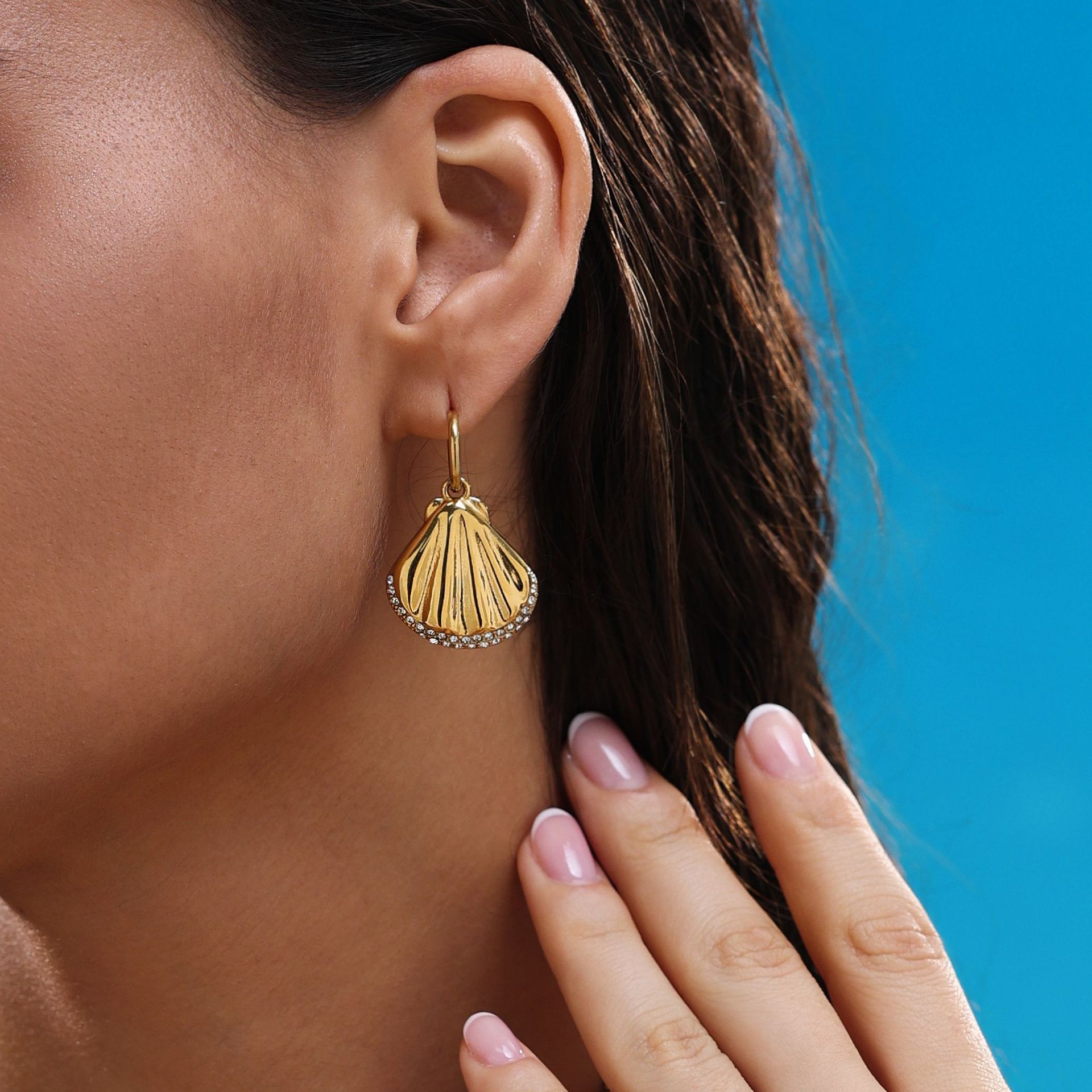 18K Gold Plated Titanium Steel Summer Ocean Style Pearl Earrings Necklace Set Women Casual Shell Craft Jewelry Accessories