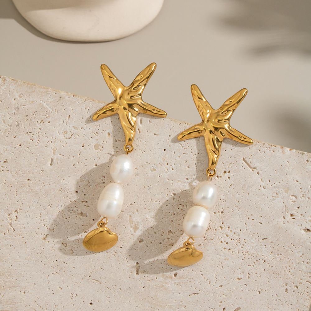 Ocean Wind Starfish Natural Freshwater Pearl Tassel Earrings Casual Stainless Steel Non-fading Accessories For Girls