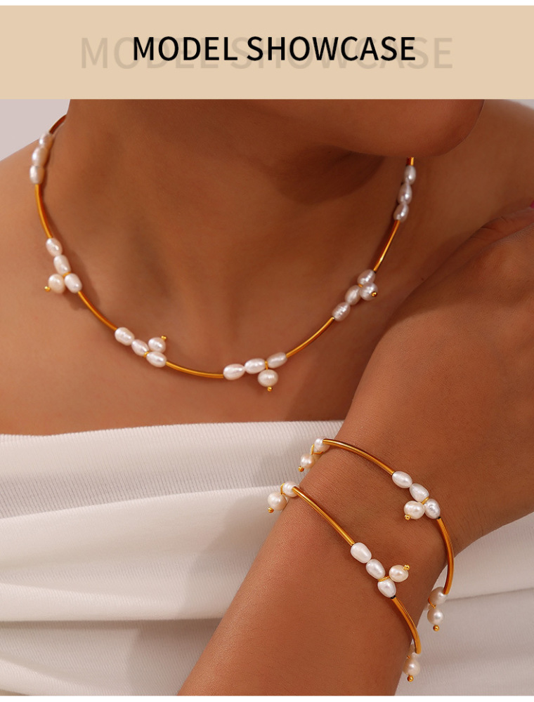 Hepburn Titanium Steel Pearl Bead Geometric Design Jewelry Set Simple Women's Accessories Jewelry