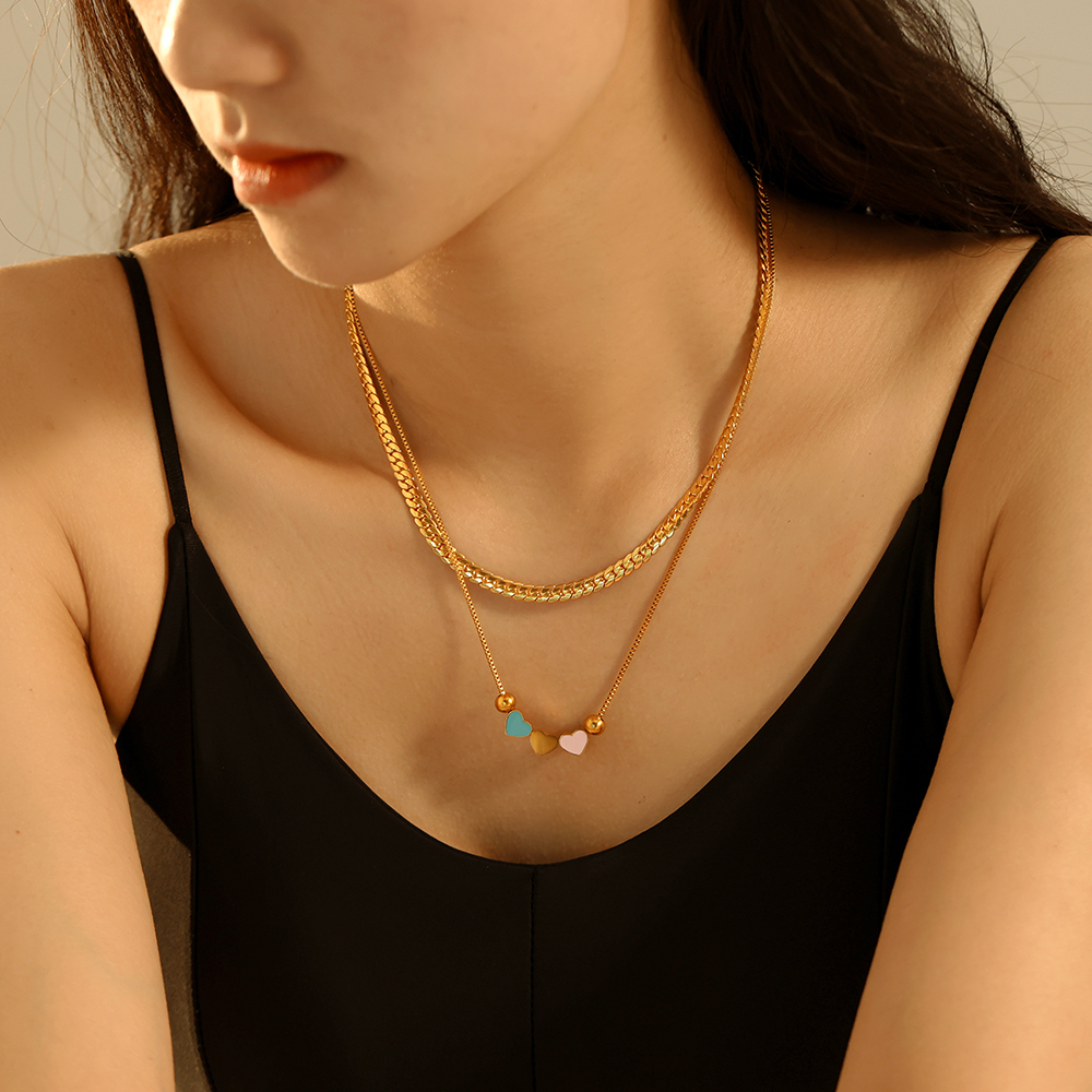 304 Stainless Steel Heart Shape PVD Coated Real Gold Plated Retro Vacation Waterproof Non Tarnish Enamel Bracelets Necklace