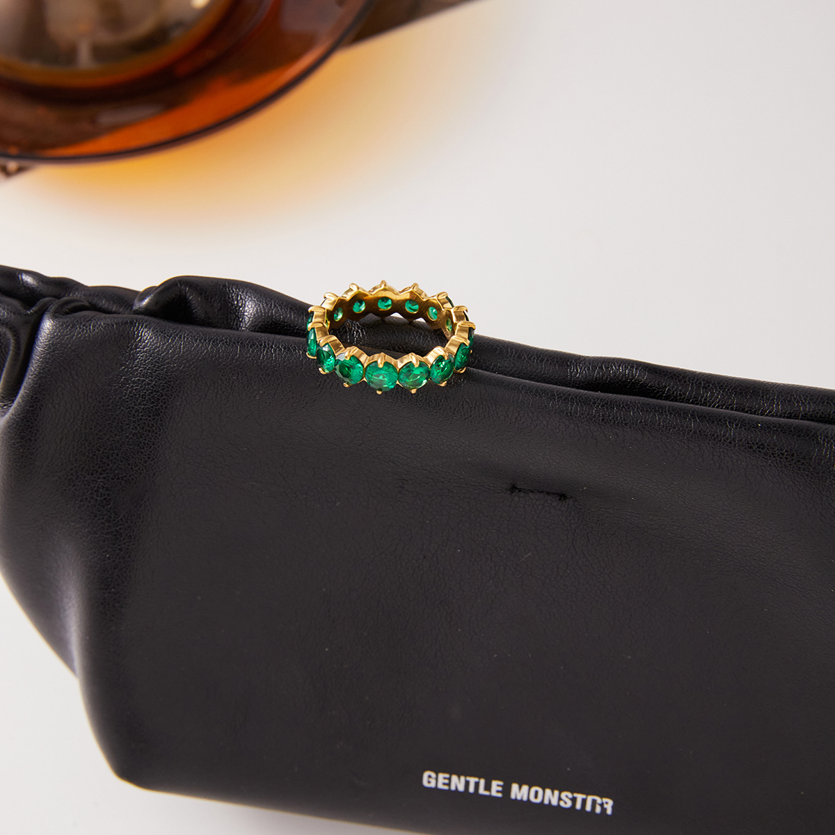 Women's Classic Style 18K Gold Stainless Steel + Zircon Stone Inlaid Green Round Zircon Ring Size 7