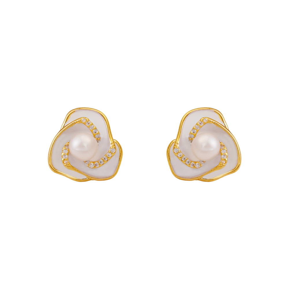 Elegant Pearl Tea Rose Earrings Women's Fashion Commute Delicate Enamel Drip Glaze Studs Trendy Jewelry Accessories