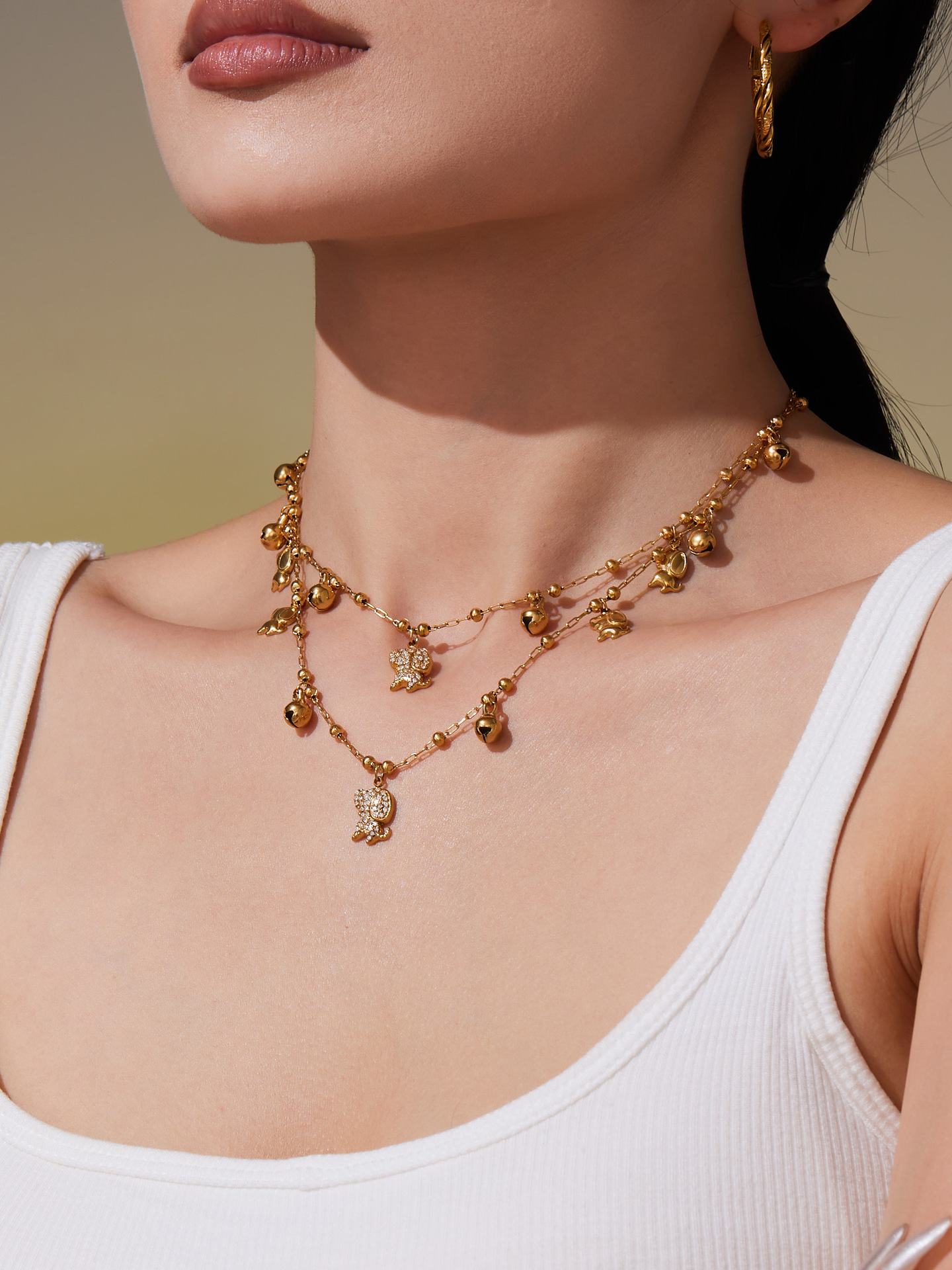 Stainless Steel 18K Gold Plated Zircon Dog Bell Shaped Bracelet Necklace Set Multi Accessories Jewelry For Women Simple Style