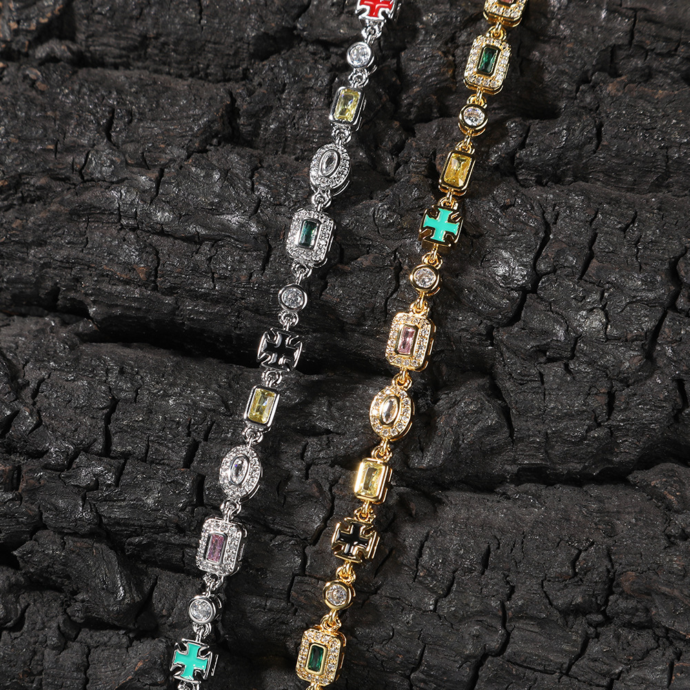 Colorful Gemstone Bracelet Unisex Hip-Hop Style Gold-Plated Copper Geometric Pattern Fashion Jewelry Inlaid Diamond Trendy Necklace Suitable For Men And Women