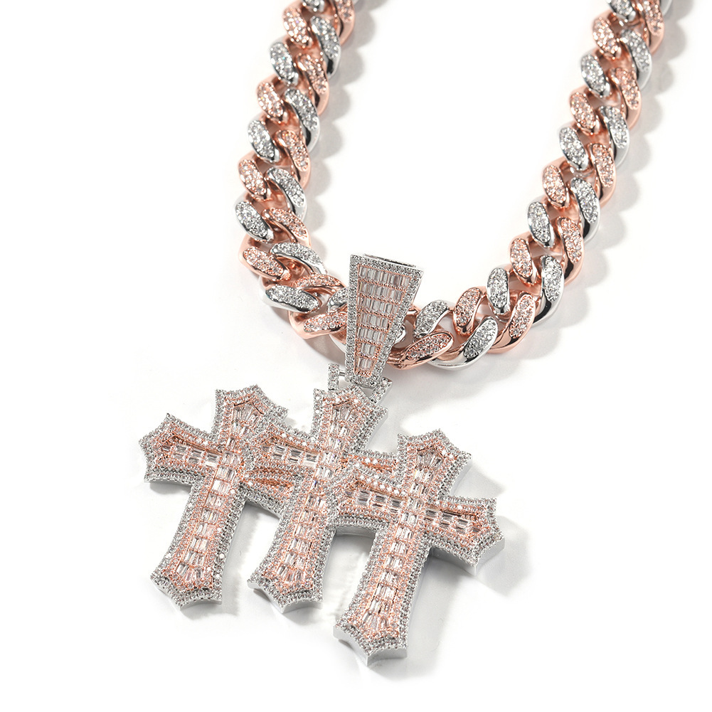 Hip Hop Cross Pendant Necklace Set Cuban Chain Zirconia Embedded Copper Geometric Patterned Jewelry For Men And Women